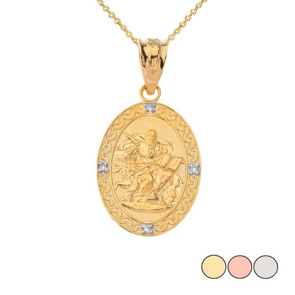 Solid 10k Gold Saint Mark Oval Medallion Diamond Pendant - Yellow, Rose, White